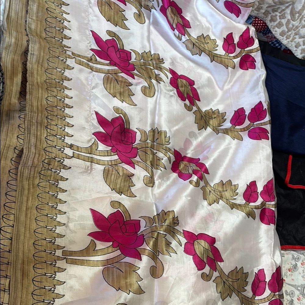 Floral Silk Saree with Pink and Gold Accents